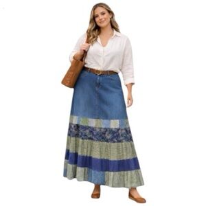 Upcycled Patchwork Denim Long Midi to Maxi length Skirt Womens Sz 22